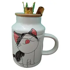 GENERICO - Taza Tazon Mug Gata Shi Con Tapa Corona y Cuchara