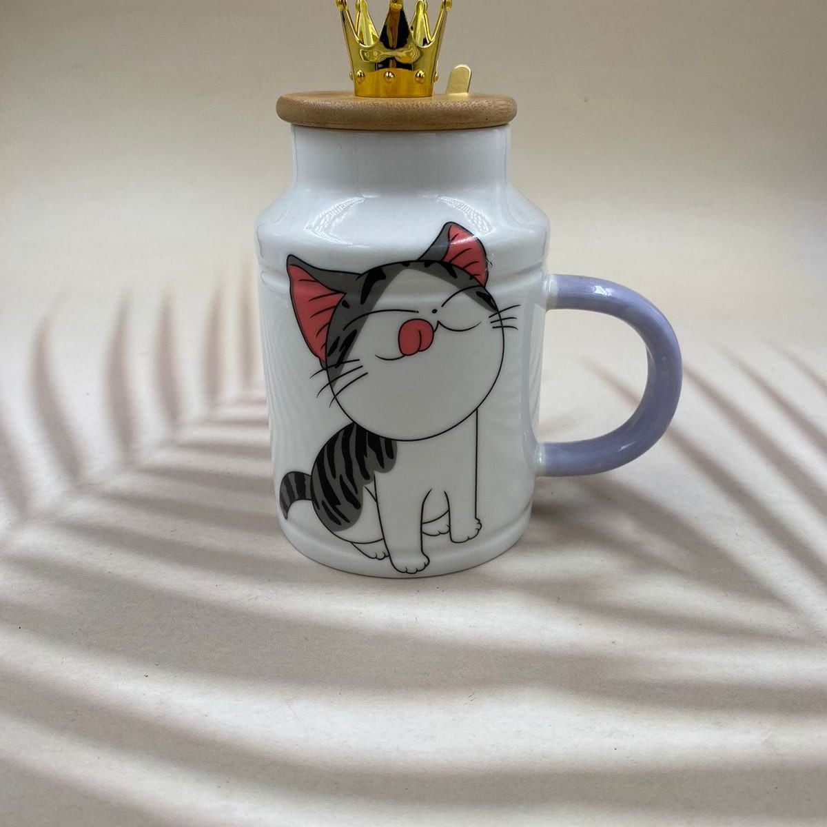 GENERICO - Taza Tazon Mug  Gata Shi  Con Tapa Corona  y Cuchara