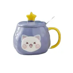 GENERICO - Taza Tazon Mug Gato Gatito Con Tapa y Cuchara Lila