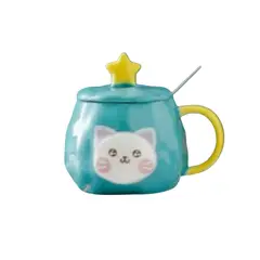 GENERICO - Taza Tazon Mug Gato Gatito Con Tapa y Cuchara Turquesa