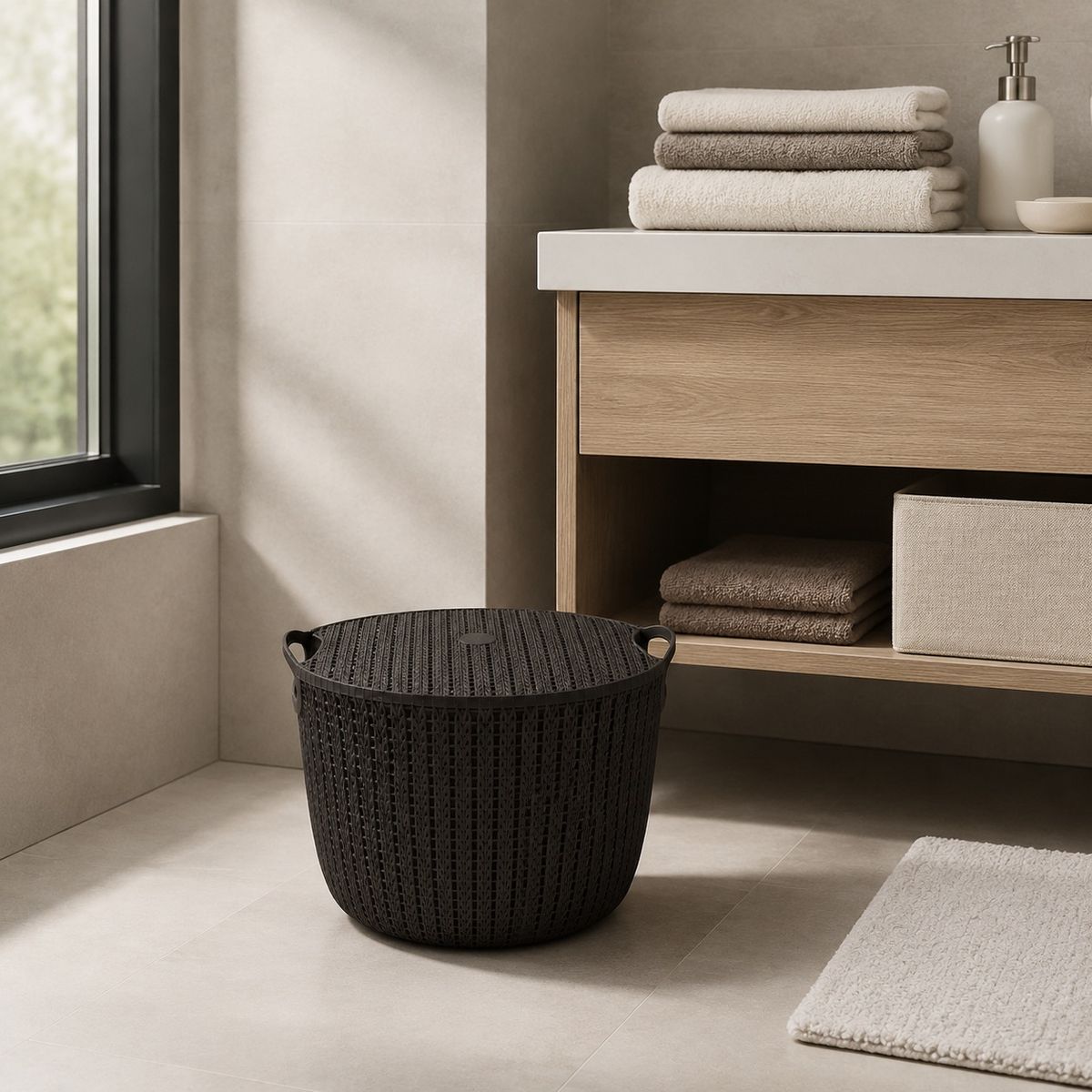HOMESTAR - Cesto Organizador con Tapa Tejido Simil Mimbre - 34 cm Negro