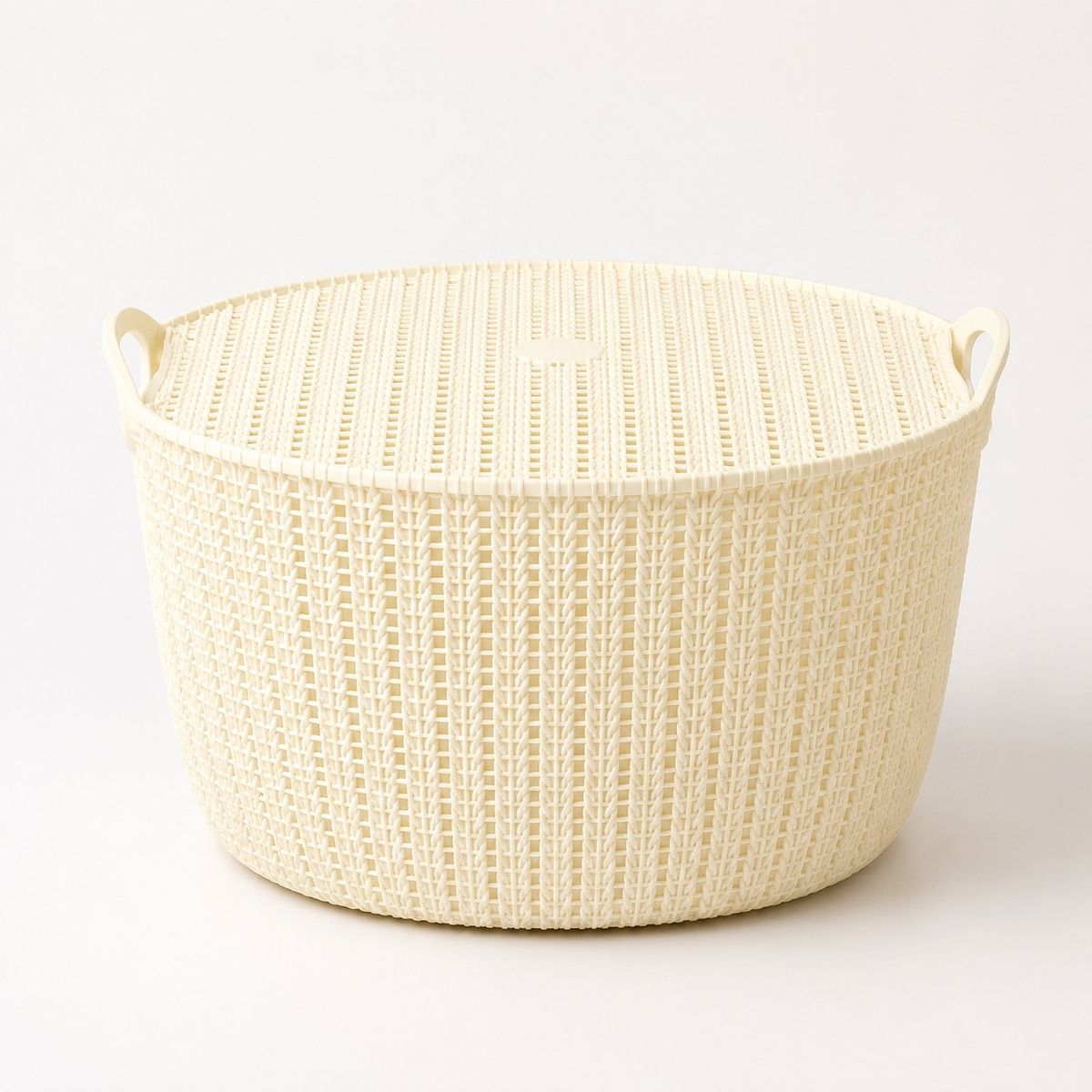HOMESTAR - Cesto organizador blanco con tapa, tejido símil mimbre, 34 cm