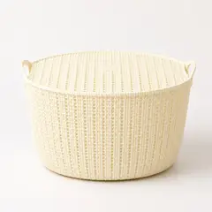 HOMESTAR - Cesto organizador blanco con tapa, tejido símil mimbre, 34 cm
