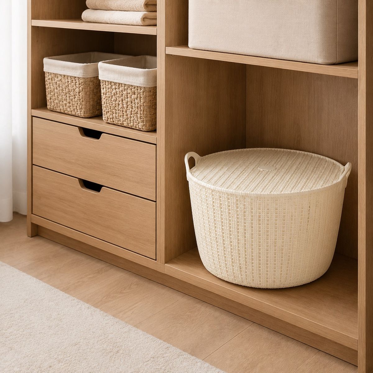 HOMESTAR - Cesto organizador blanco con tapa, tejido símil mimbre, 34 cm