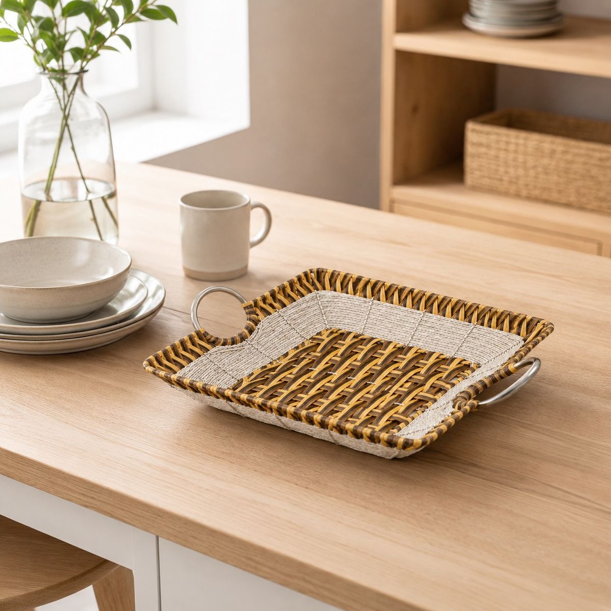 HOMESTAR - Bandeja organizadora rectangular de ratán tejido con asas metálicas