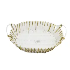 HOMESTAR - Cesta Decorativa Ovalada de Mimbre con Asas - Blanco y Dorado