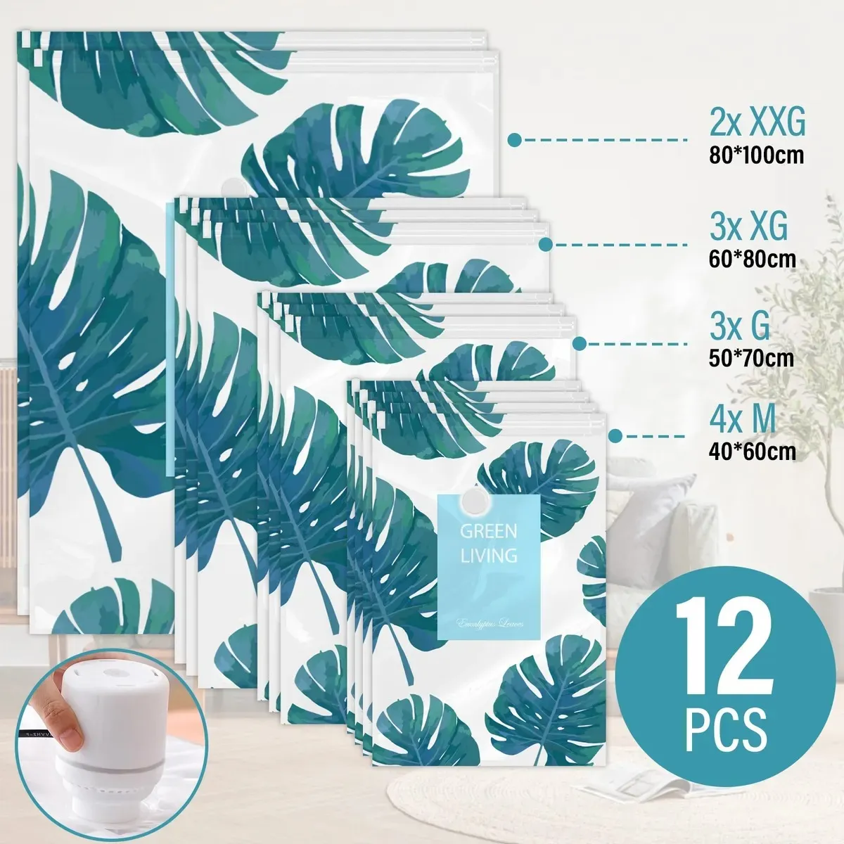 TNAKIEX - Bolsas Comprimibles Vacio Ropa 12 Pcs Con Bomba Electrica.