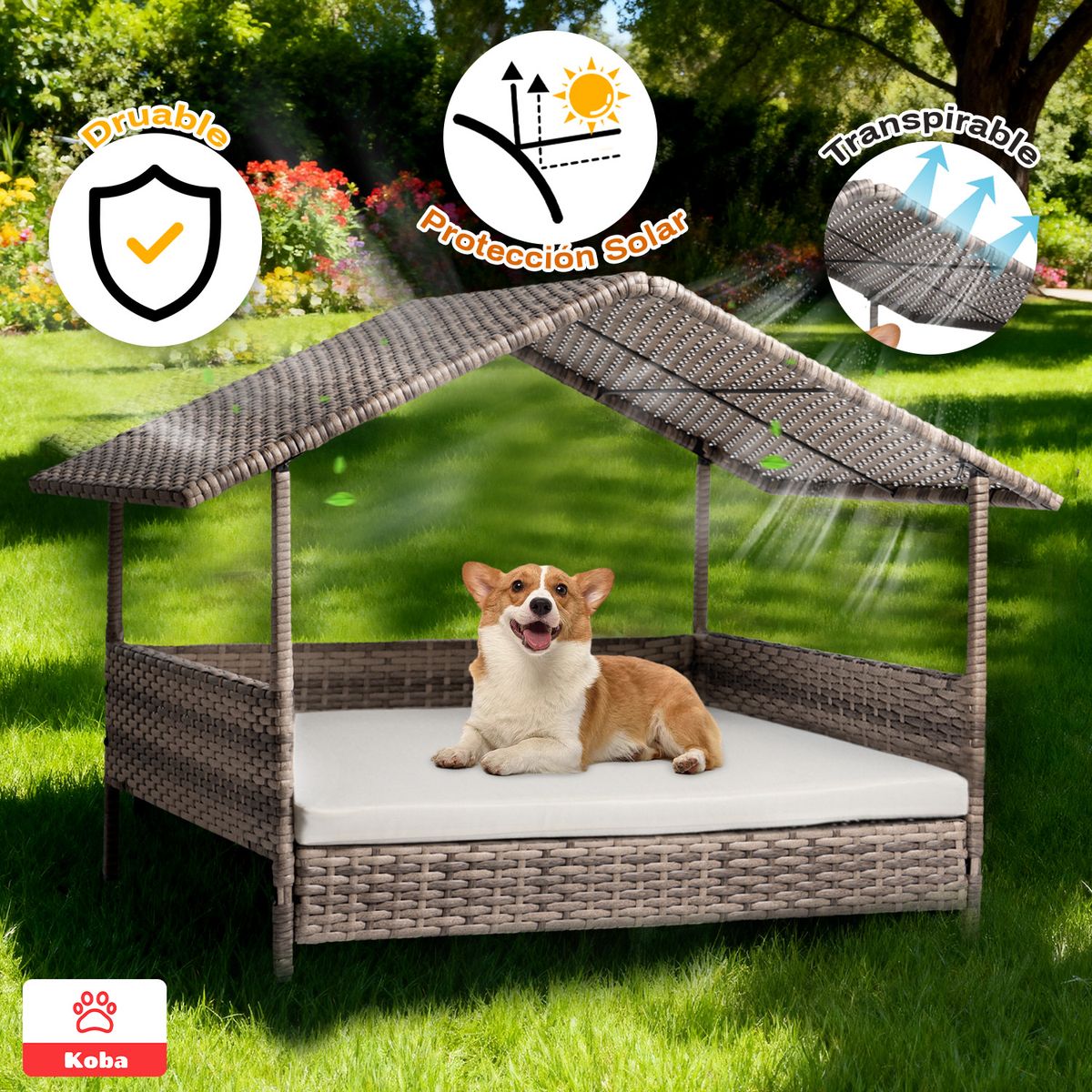 KOBA - Casa Para Perros Exterior Grande 80x69x71cm Con Cojin