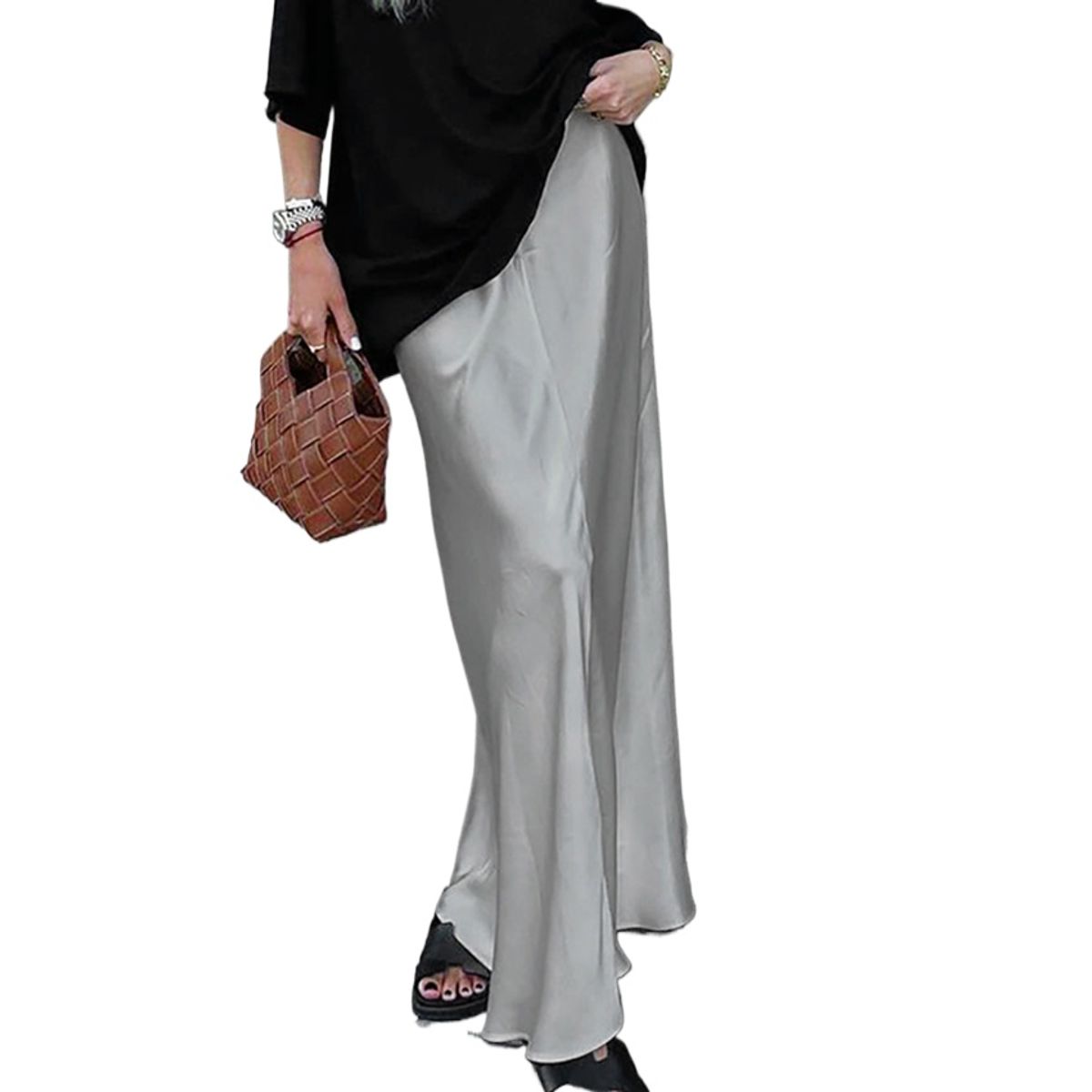 TIOZONEY - Falda larga con estampado para mujer - Plata