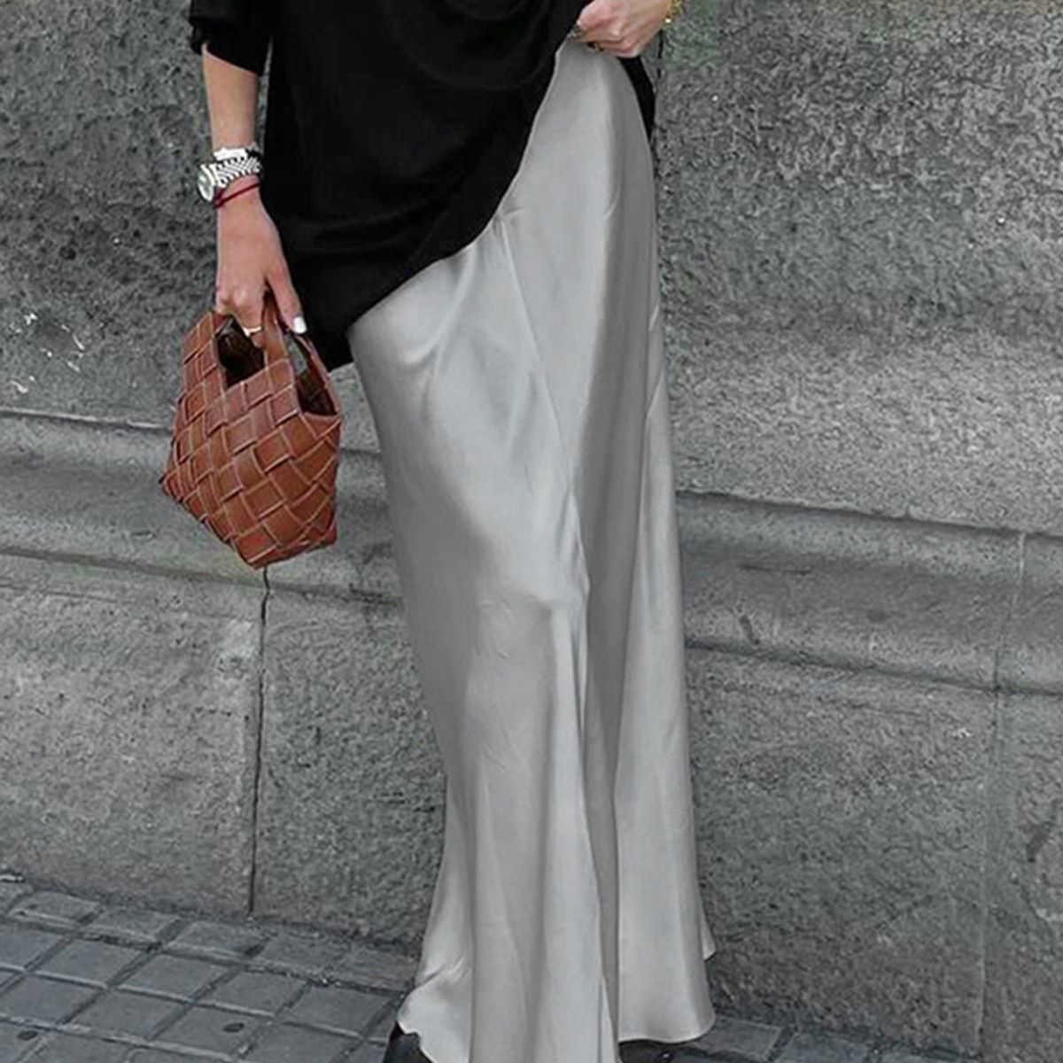 TIOZONEY - Falda larga con estampado para mujer - Plata