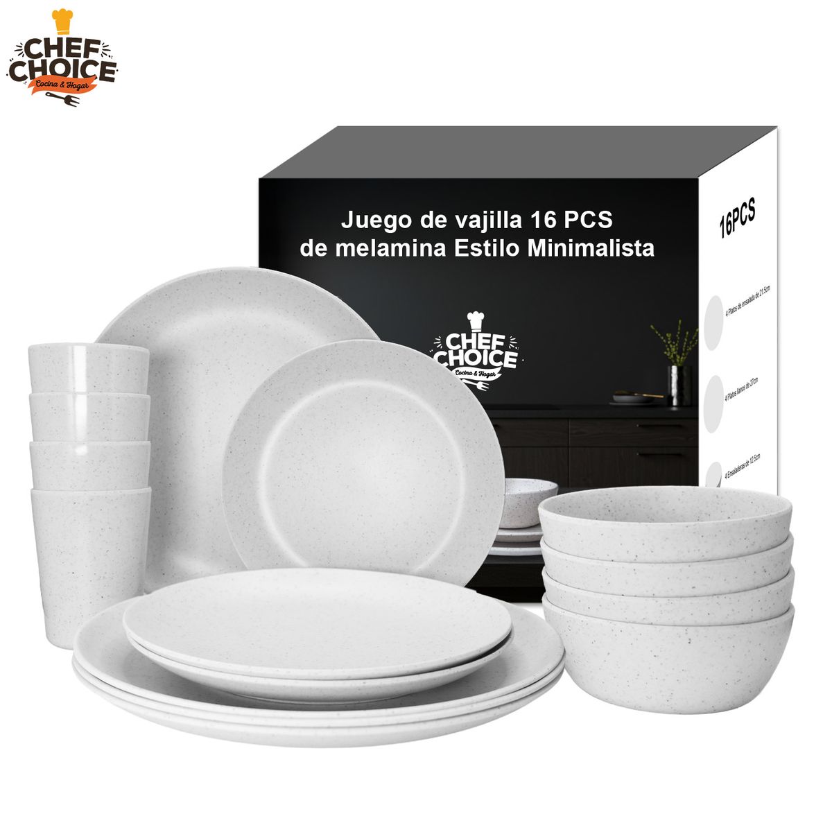 CHEFCHOICE - Set 16 Pcs Juego De Vajilla Completo Melamina Blanco Tiza