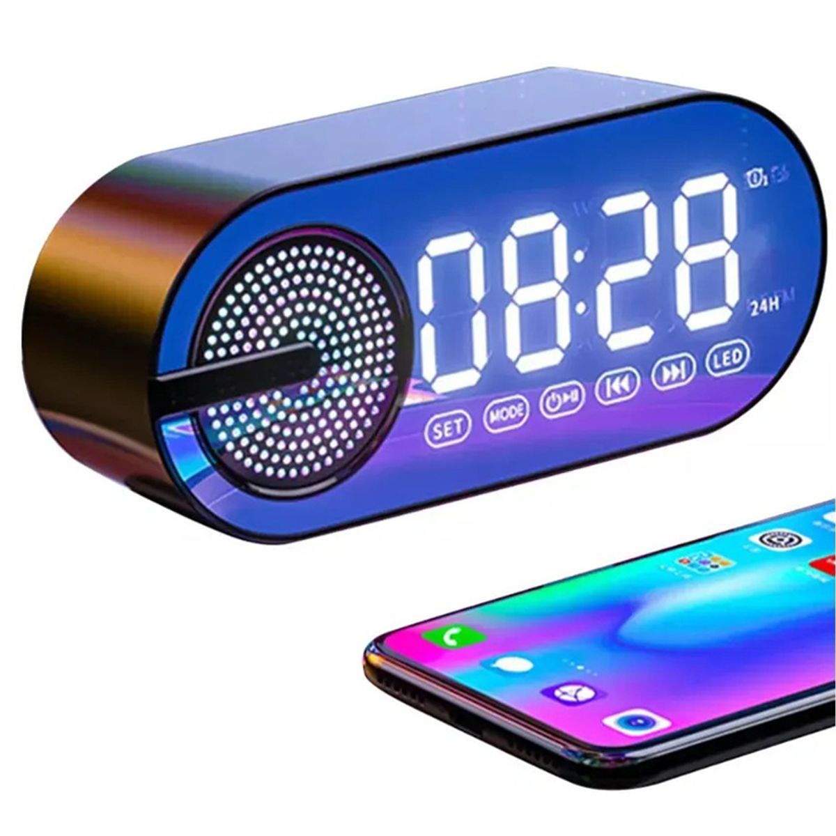 KUANGYE - Reloj Digital Despertador Led Con Bocina Bluetooth Y Radio Negro