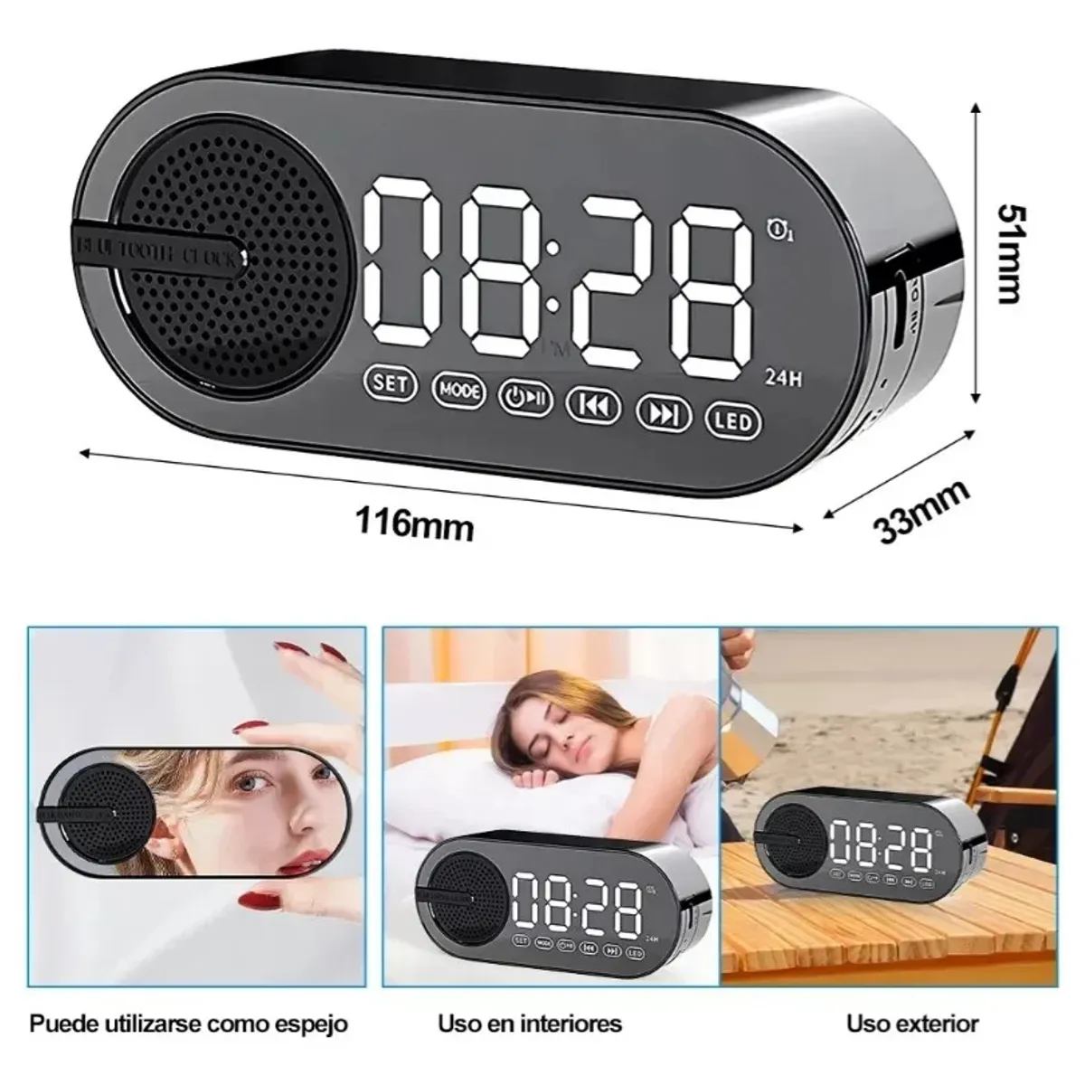 KUANGYE - Reloj Digital Despertador Led Con Bocina Bluetooth Y Radio Negro