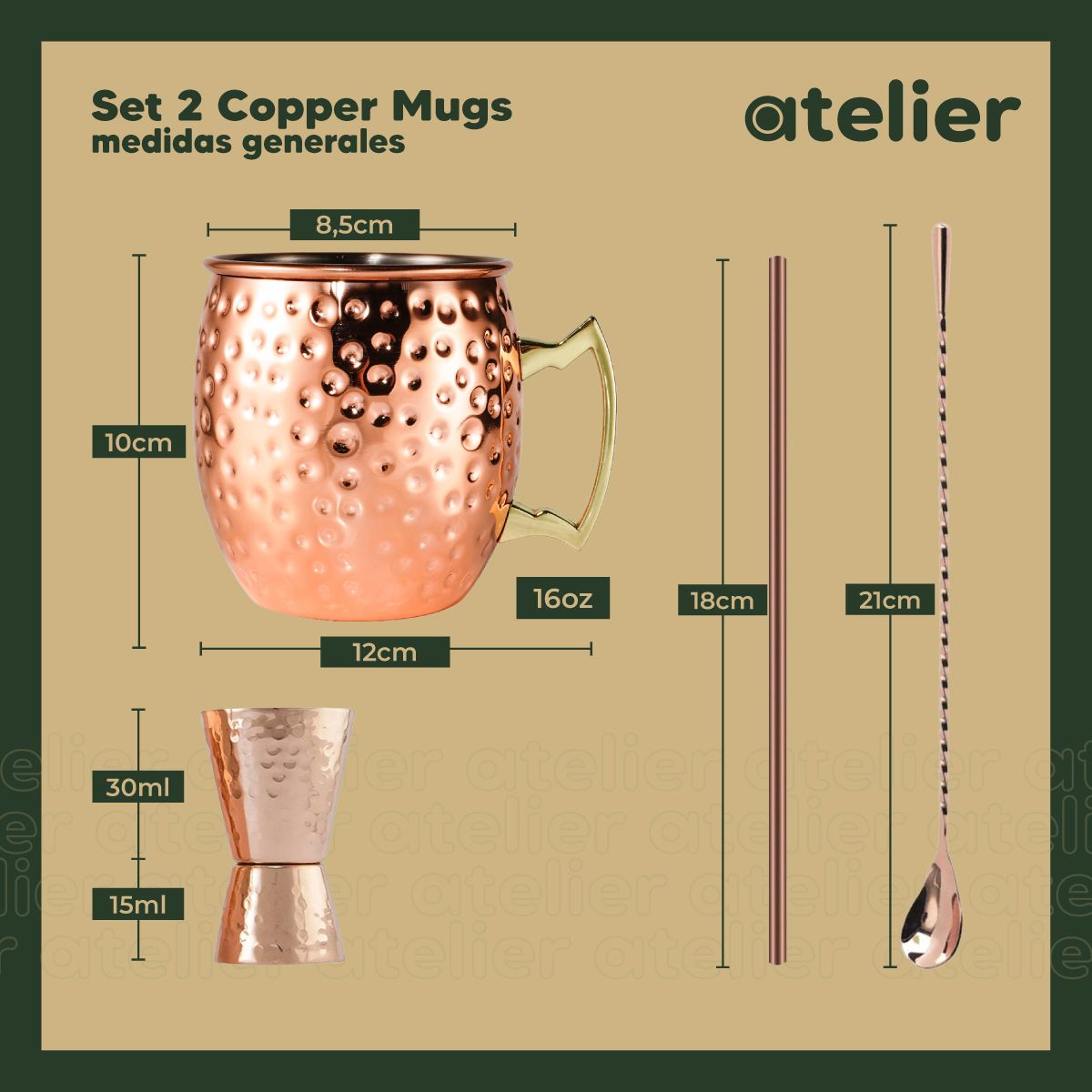 HOMELY - Vasos Cobre Mugs Moscow Mule Coctel Atelier Mugs Tragos 500 Ml Set x2