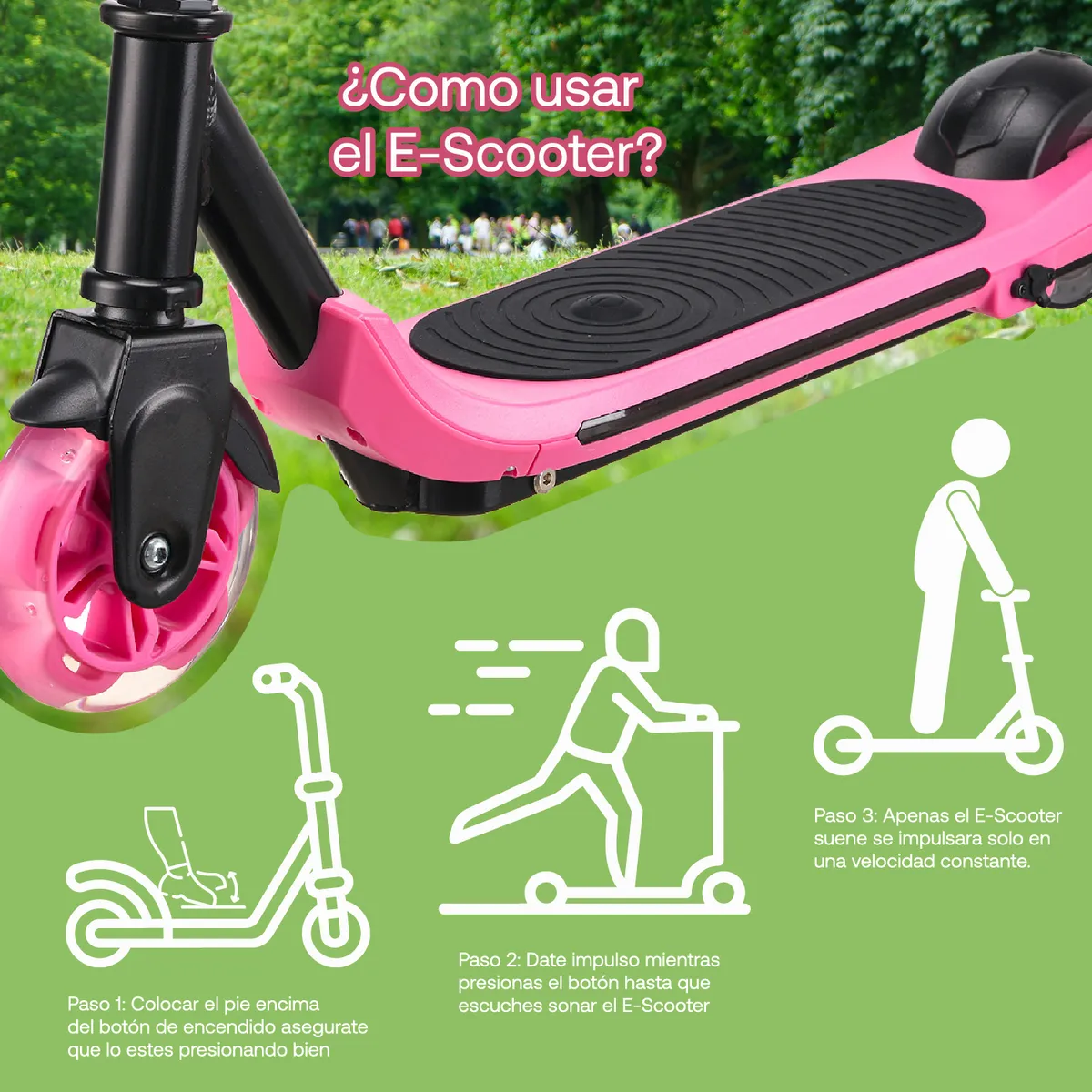 BEBESIT - Monopatín Eléctrico Plegable E-Scooter 60W 24V2000mah Rosado