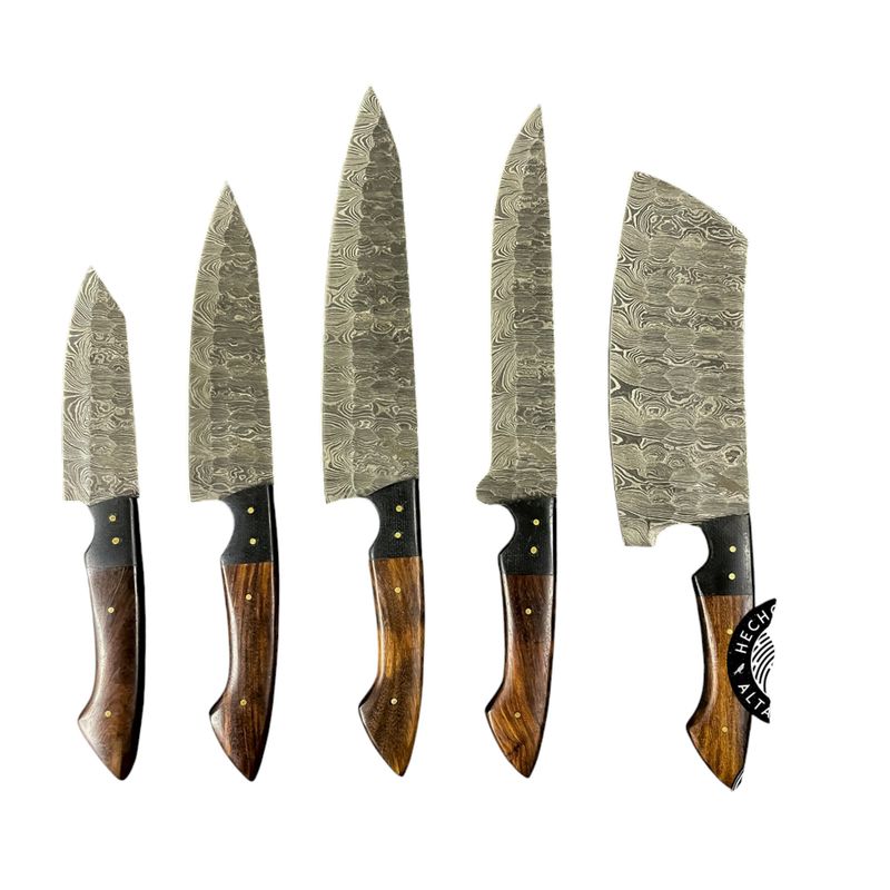 RAUKA - Set de 5 Cuchillos de Cocina Artesanal Rauka Acero Damasco 512 capas