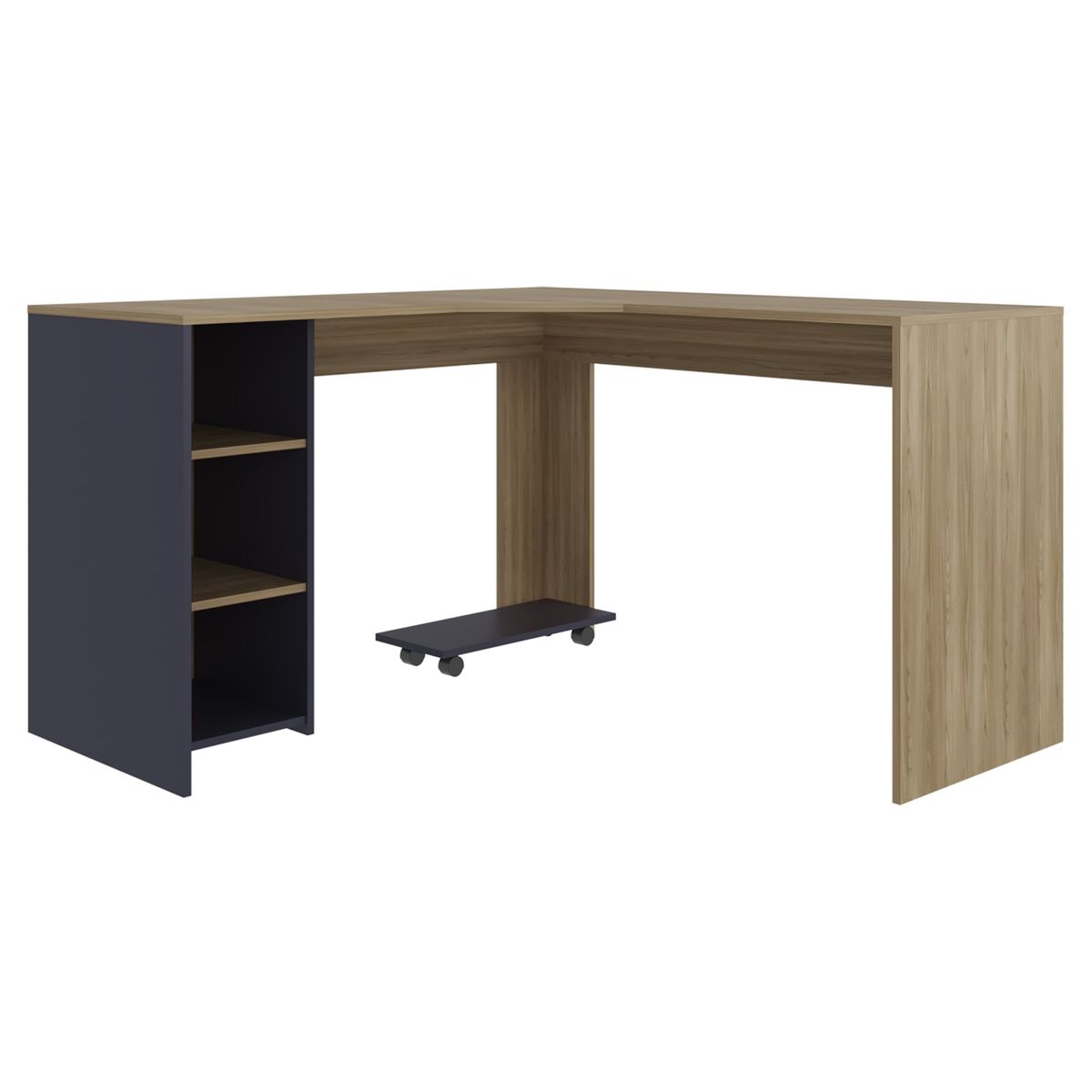 FMFURNITURE - Escritorio En L Con Base Para Cpu Café Claro Y Azul 765x130x130 Cm