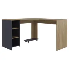 FMFURNITURE - Escritorio En L Con Base Para Cpu Café Claro Y Azul 765x130x130 Cm
