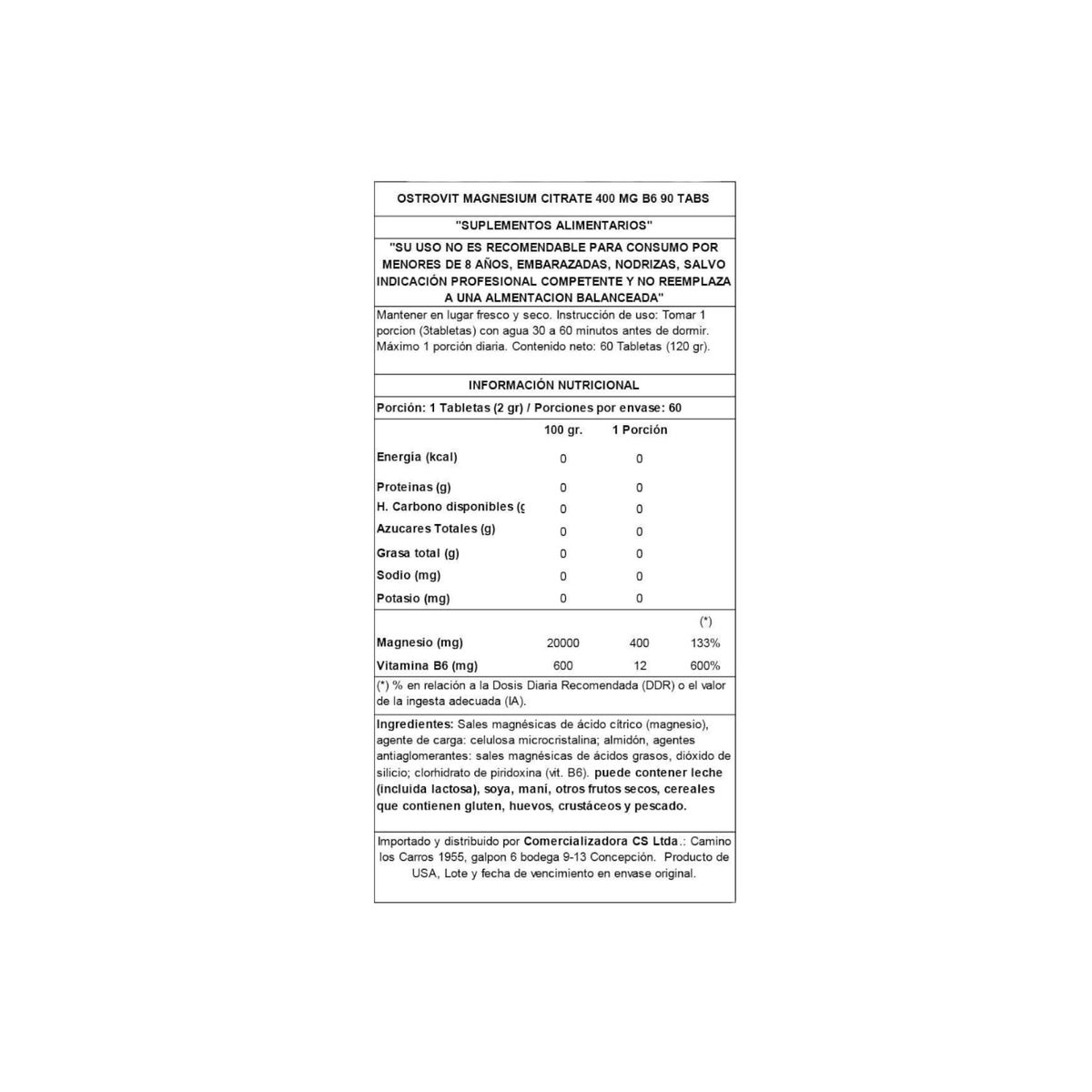 OSTROVIT - CITRATO DE MAGNESIO 400MG +B6 90 TABLETAS - OSTROVIT