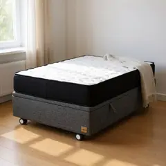 BLOCCARE - Cama Baul 1 Plaza + Colchon Black L190 / Con Ruedas LOGO (Gris)