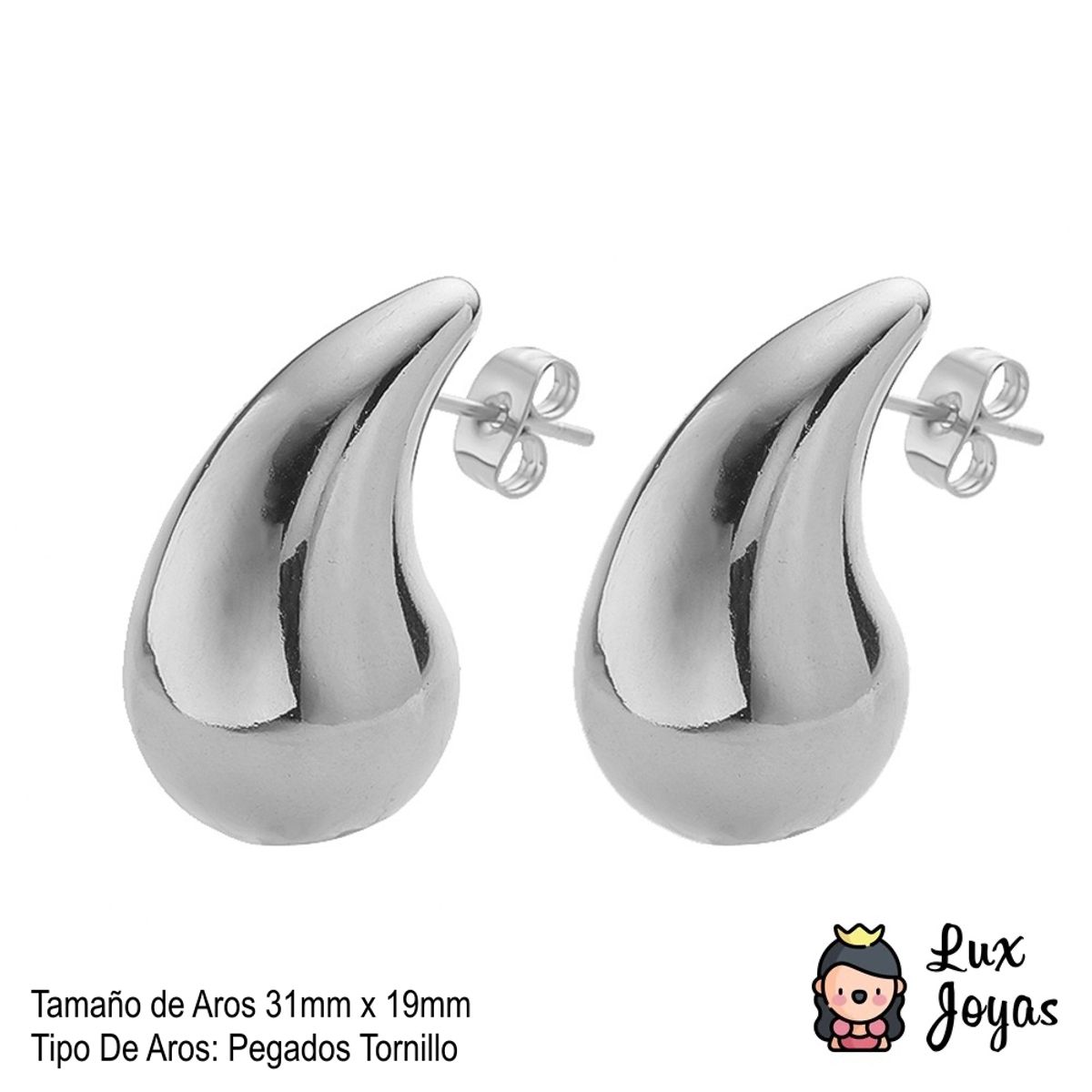 LUX JOYAS - Aros Baño Oro Blanco 18k Pegados Gota