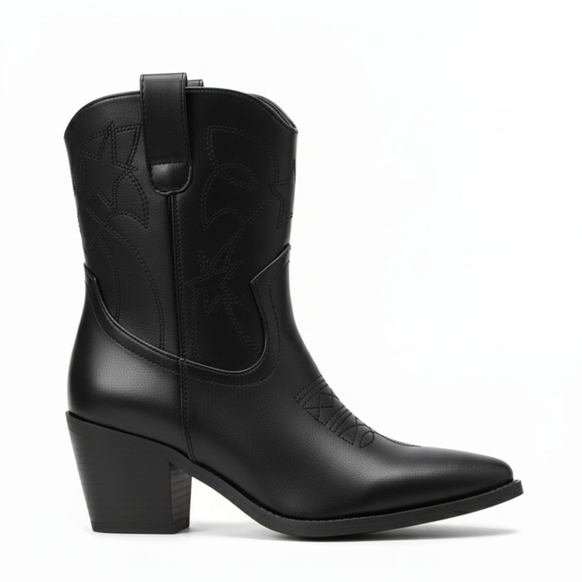 BOVINITA - Bota Mujer Negra Estilo Cowboy Texana Caña Media Punta Fina Taco Ancho