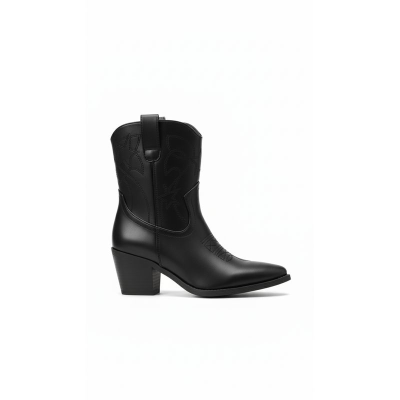 BOVINITA - Bota Mujer Negra Estilo Cowboy Texana Caña Media Punta Fina Taco Ancho