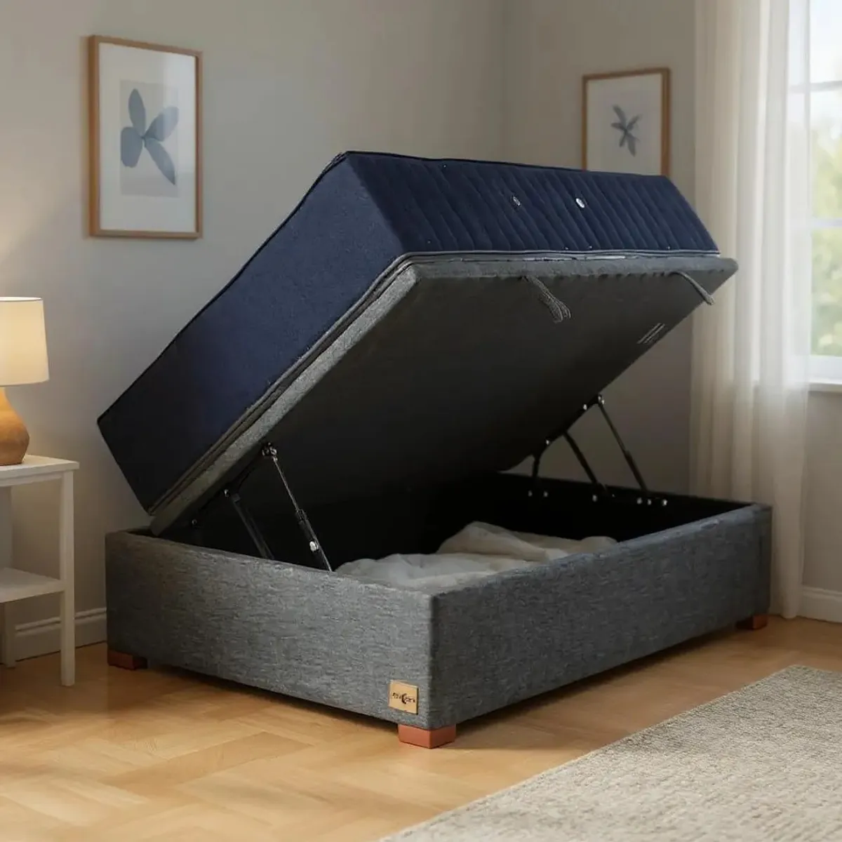BLOCCARE - Cama Baul 1 Plaza + Colchon CIC SUPER PREMIUM/Patas Madera 4.5CM Gris