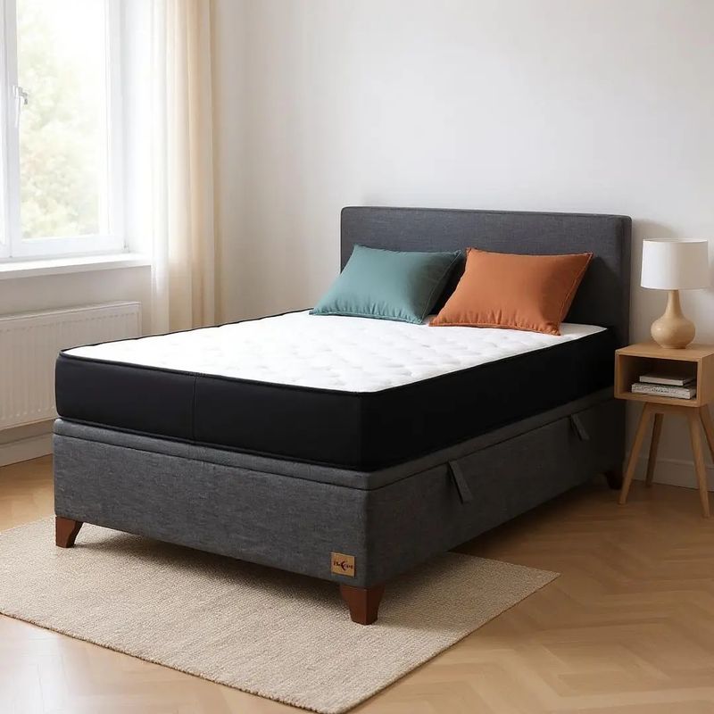 BLOCCARE - Cama Baul 1.5 Plazas + Colchon Black L190/Patas de Madera 11CM Gris