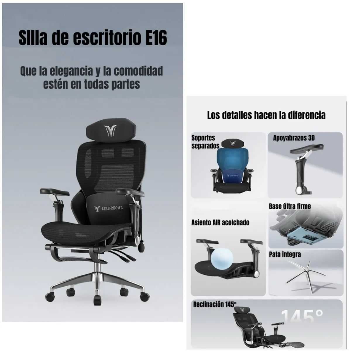 LUBABYCAS - Silla De Escritorio Reclinable Con Reposapies E16 Negra