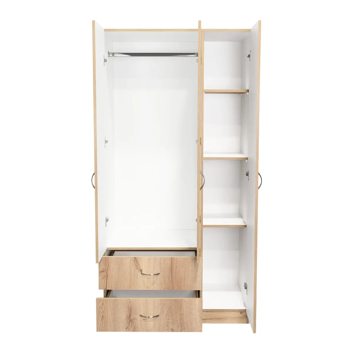 FMFURNITURE - Closet 3 Puertas 2 Cajones Café Claro Y Blanco 180x90x47 Cm