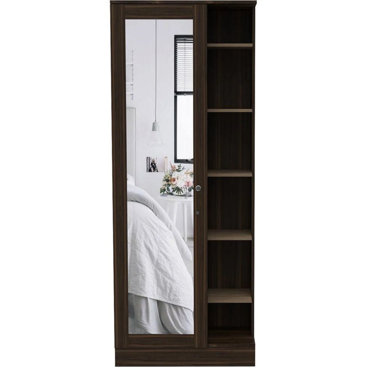 FMFURNITURE - Closet 1 Puerta Con Espejo Cuerpo Completo 1807x70x403 Cm Café