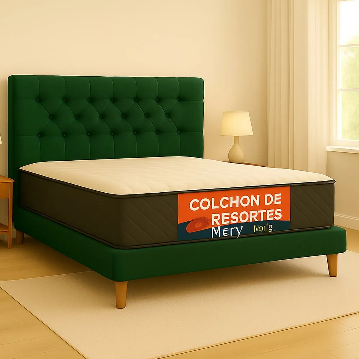 GENERICO - Cama Plaza y Media Verde Botella Capitone + Colchon Mery Desing