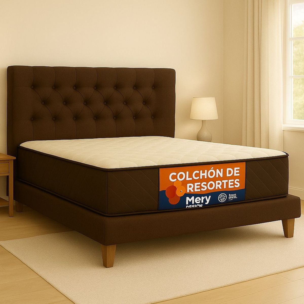 GENERICO - Cama Plaza y Media Marron Capitone + Colchon Mery Desing
