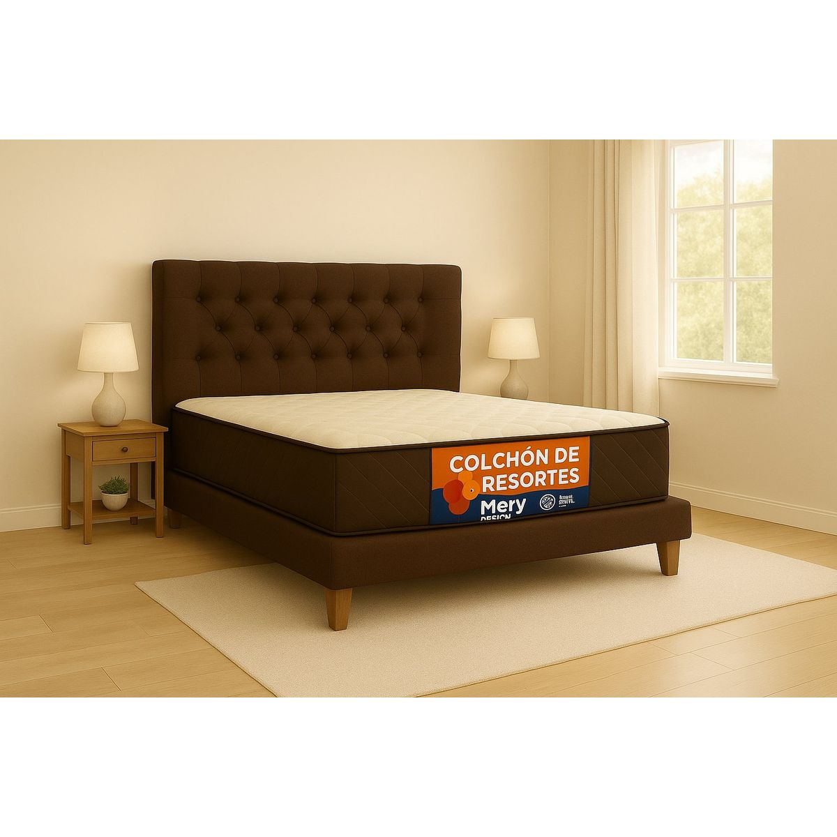 GENERICO - Cama Plaza y Media Marron Capitone + Colchon Mery Desing