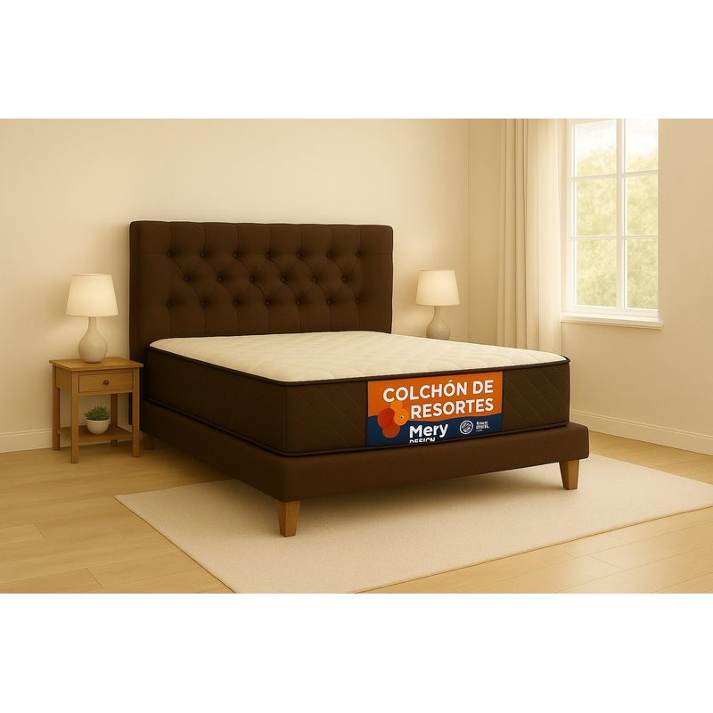 GENERICO - Cama Plaza y Media Marron Top Quality + Colchon Mery Desing