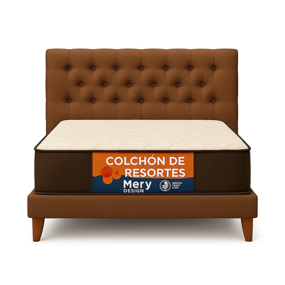 GENERICO - Cama Plaza y Media Marron Capitone + Colchon Mery Desing