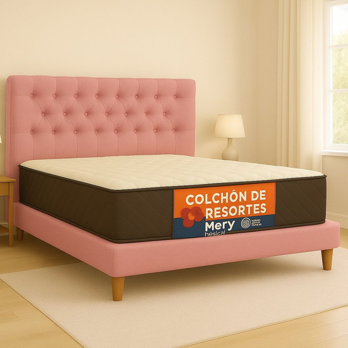 GENERICO - Cama Plaza y Media Rosado Capitone + Colchon Mery Desing