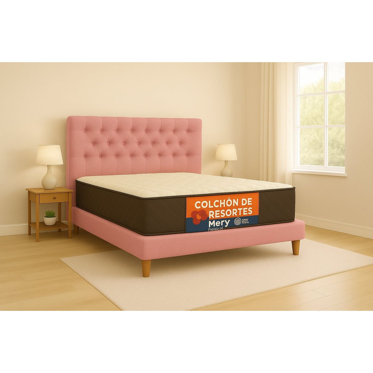 GENERICO - Cama Plaza y Media Rosado Capitone + Colchon Mery Desing