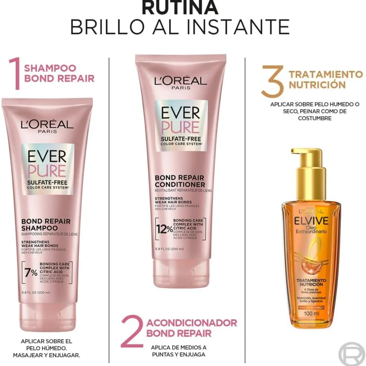 LOREAL PARIS - Rutina Brillo Al Instante Sin Sulfatos Shampoo Acondicionador + Aceite