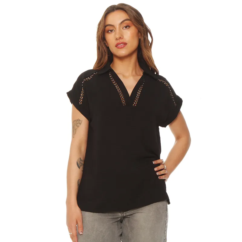 WADOS - BLUSA MANGA CORTA SOLIDA ESCOTE V CON CUELLO