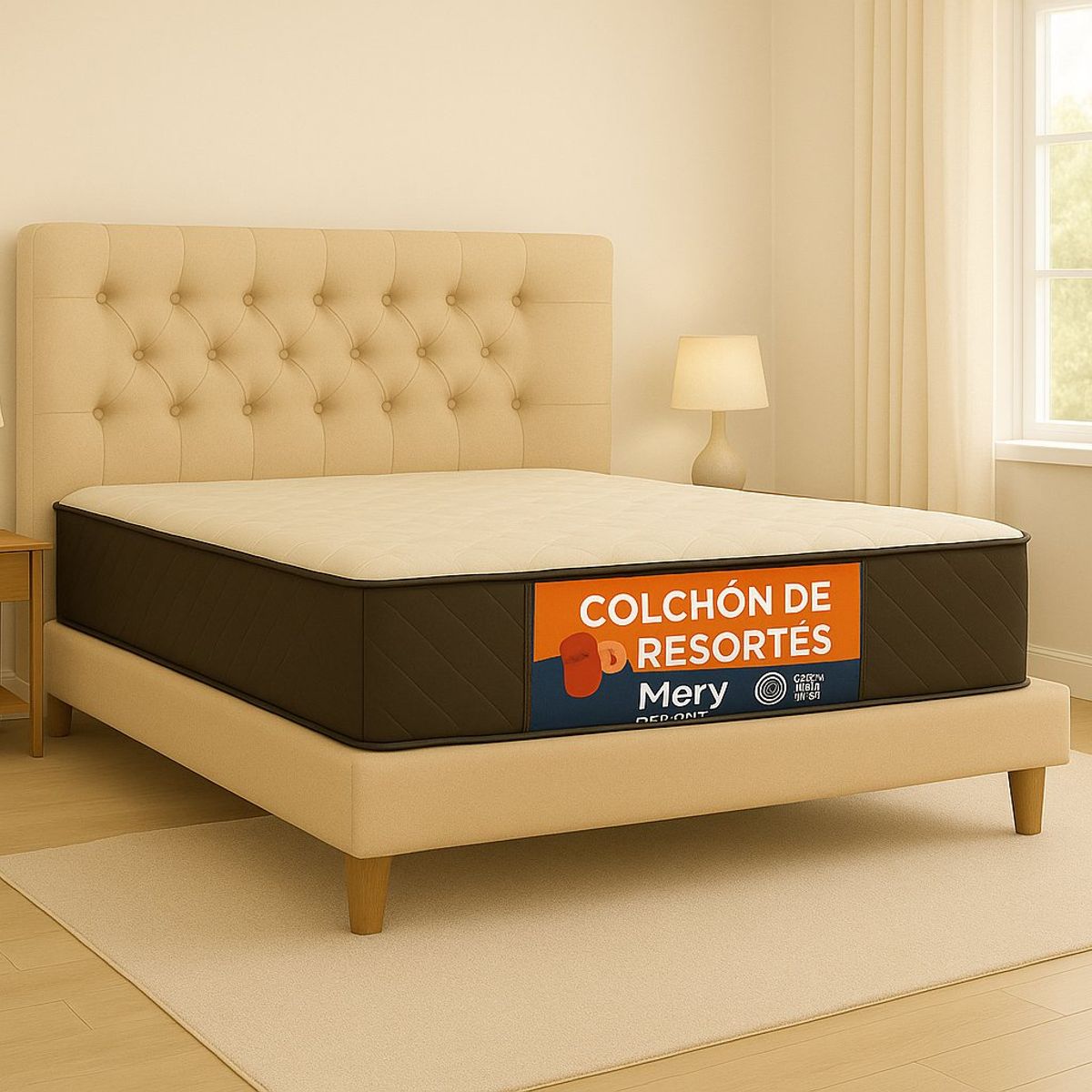 GENERICO - Cama Plaza y Media Beige Capitone + Colchon Mery Desing