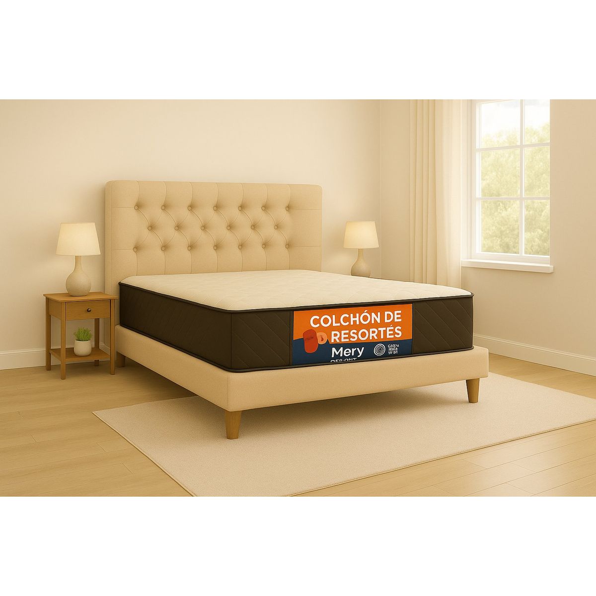 GENERICO - Cama Plaza y Media Beige Capitone + Colchon Mery Desing