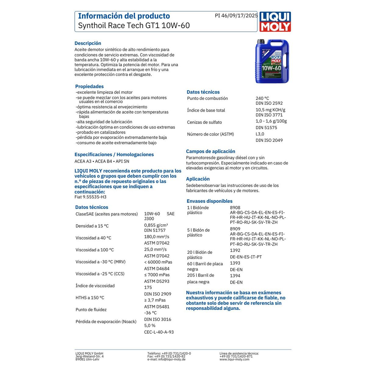 LIQUI MOLY - Aceite Motor 10w60 Synthoil Race Tech GT1  5 Lts Liqui Moly