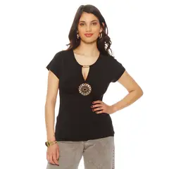 WADOS - POLERA MANGA CORTA SOLIDA ESCOTE V CON APLICACION EN BUSTO