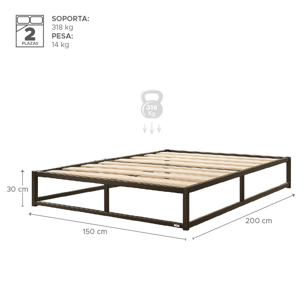 VINCENZI - Base para Cama Europea Acero y Madera 150x190 cm Nova 2 Pza Vincenzi