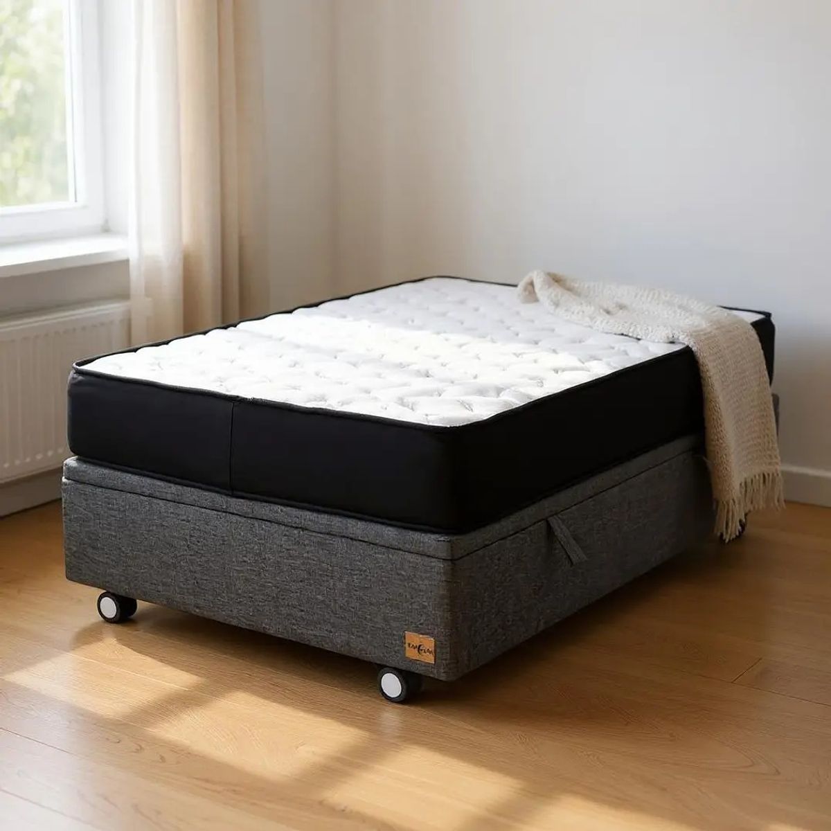 BLOCCARE - Cama Baul 1.5 Plaza + Colchon Black L190/ Con Ruedas LOGO (Gris)