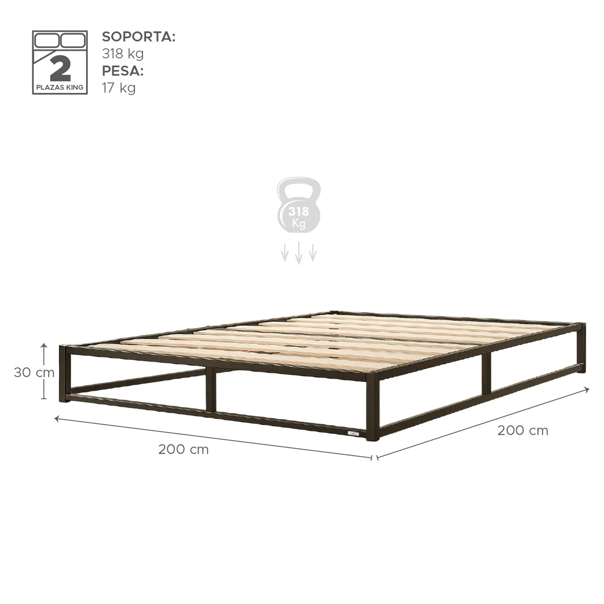 VINCENZI - Base para Cama Europea Acero Madera 200x200 cm Super King Vincenzi