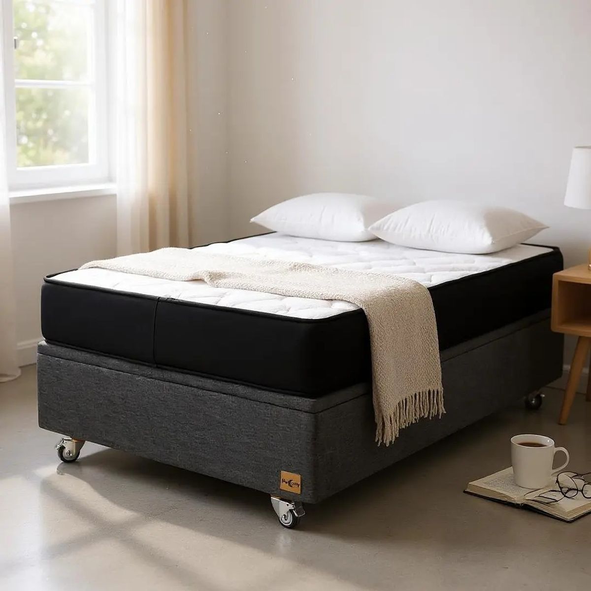 BLOCCARE - Cama Baul 1.5 Plaza + Colchon Black L190/ Con Ruedas DELUXE (Gris)