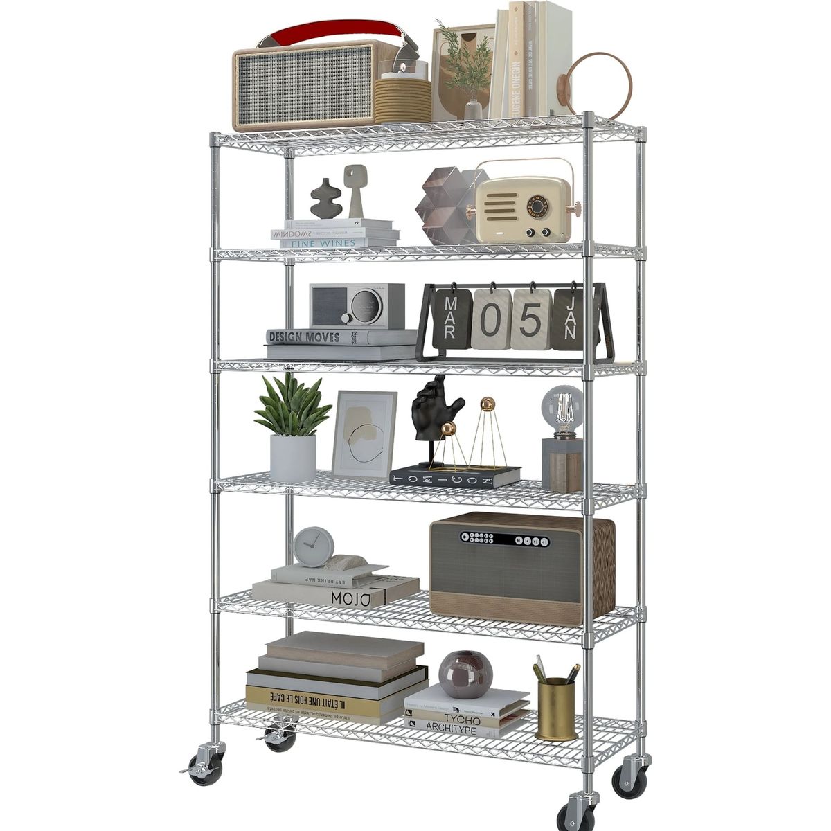 GENERICO - Estante Cromado con Ruedas 6 Niveles - 120 × 45 × 188 cm